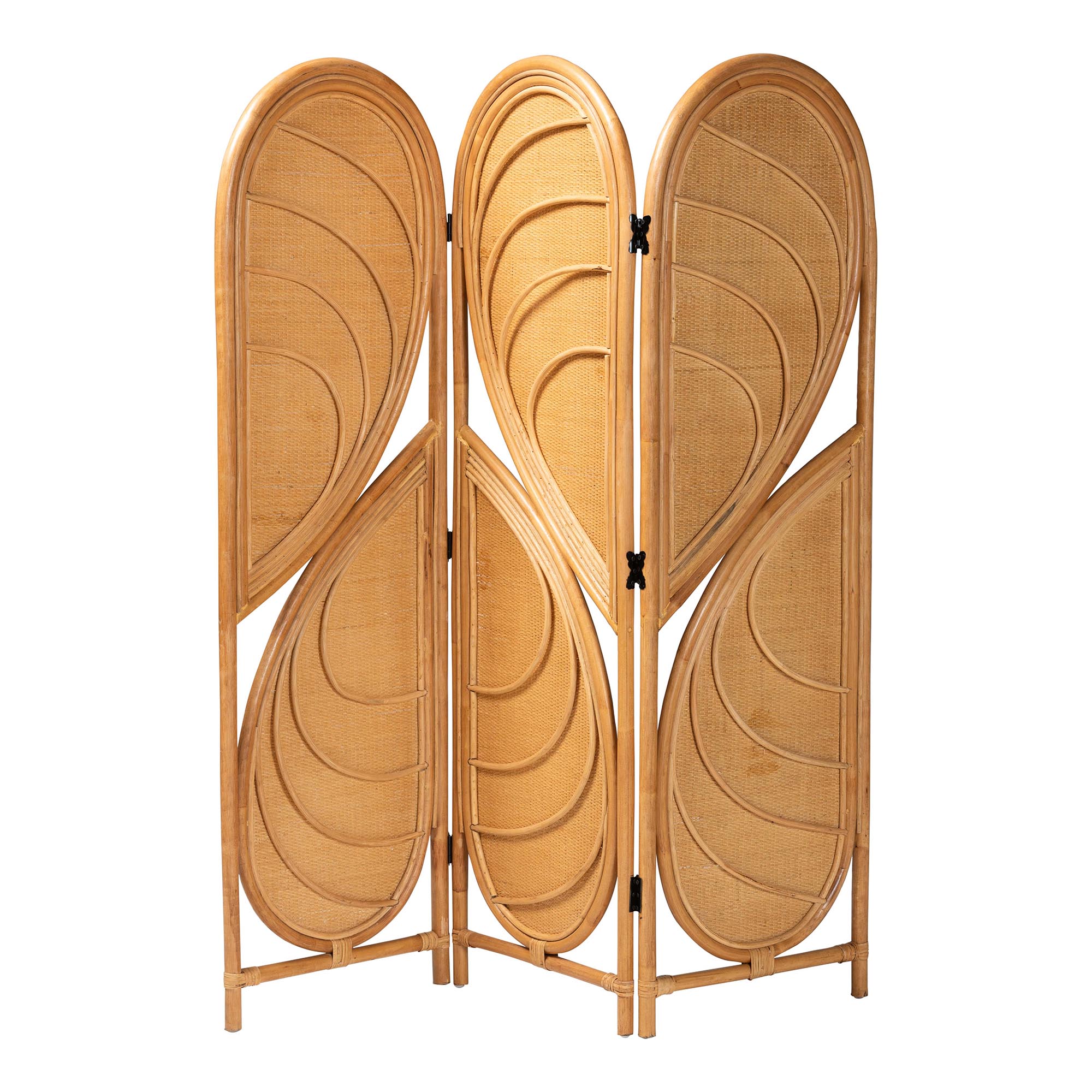 bali & pari Kiyoko Natural Rattan Room Divider - Handwoven Wicker Tri-Fold Decorative Privacy Screen with Woven Leaf Motif